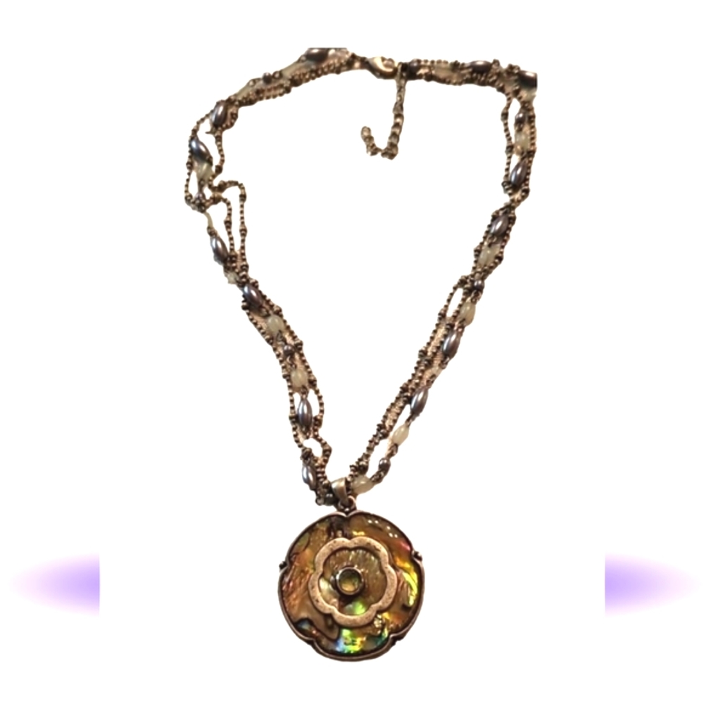 Heavy flower abalone Shell stainless steel medallion pearl bead chain doubled